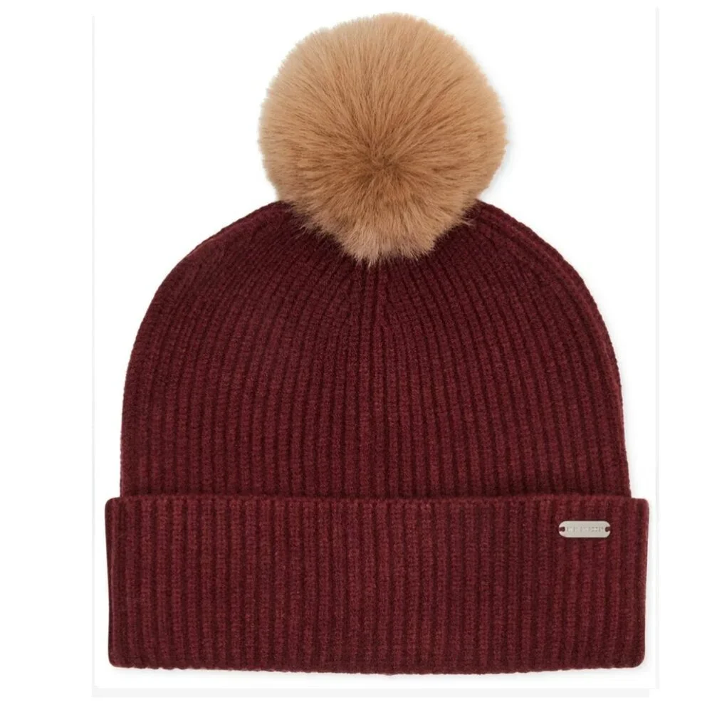 Steve Madden Women's Ribbed Furry Pom Pom Beanie